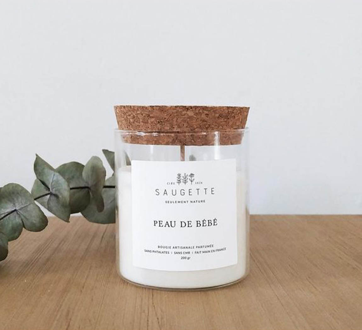 Bougie Vegan Linge Talc Lait Cire de soja Made in France Bougie 200G Peau de Bébé